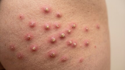Fototapeta premium Close Up of Mpox Monkeypox Umbilicated Virus Pustules and Scabs on Skin