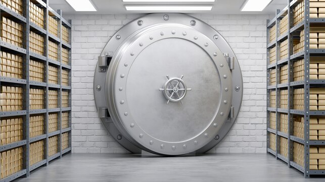 Secure Gold Bar Storage Inside a Bank Vault with a Massive Steel Door and Shelving