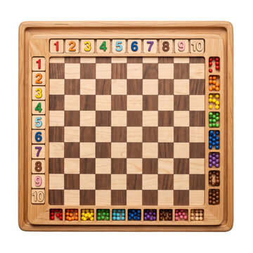 Wooden math board game for kids. Educational multiplication table with colorful number blocks.