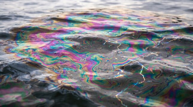 Macro close-up of iridescent oil slick with rainbow colors swirling on dark wet surface with light reflections