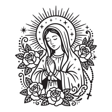 Black and white line art illustration of the Virgin Mary praying with rosary beads and roses, religious tattoo style vector graphic for design and print.