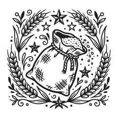 Fototapeta premium Rustic black and white line art illustration of a grain sack surrounded by wheat stalks and decorative stars, suitable for organic bakery, farming, and agricultural branding.