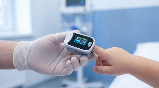 Pediatric healthcare pulse oximeter finger check in clinical room with gloved hand and child patient