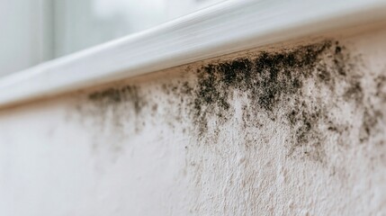 Naklejka na ściany i meble Close-up of black mold growth on a textured white wall surface, indicating a damp environment and potential home damage