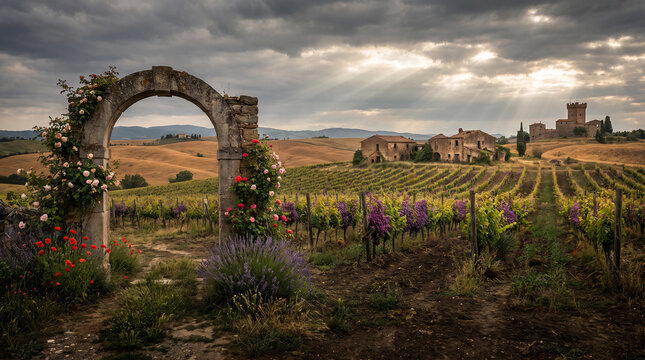 Sunlight rays shine down through dramatic clouds over a traditional stone archway adorned with blooming roses while grape vines grow across the rolling hills of a historic countryside wine
