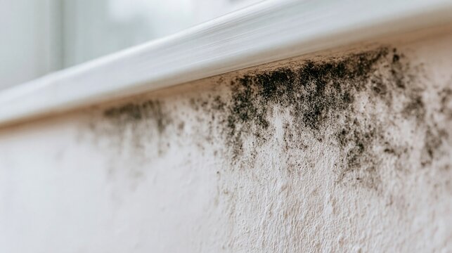 Close-up of black mold growth on a textured white wall surface, indicating a damp environment and potential home damage