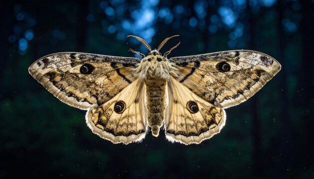 A large nocturnal emperor moth displays intricate camouflage patterns on its widespread wings while resting amidst the deep shadows of an evening forest environment during a calm night