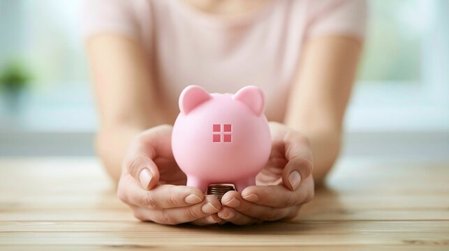 Woman's hands gently holding a pink piggy bank shaped like a house, symbolizing saving for a home and financial security.