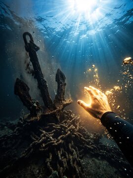 A glowing golden hand letting go of a heavy dark iron anchor underwater, symbolizing the sunk cost fallacy and cutting losses.