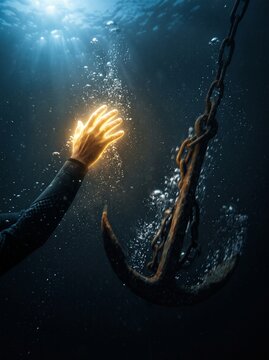 A glowing golden hand letting go of a heavy dark iron anchor underwater, symbolizing the sunk cost fallacy and cutting losses.