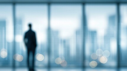 Naklejka premium Silhouette of businessman looking out a large window at a blurred cityscape, symbolizing ambition and future success