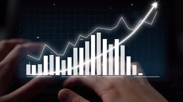 Hands of a professional interact with a digital graph depicting financial growth and trends, illustrating the relationship between data and business success. Copula