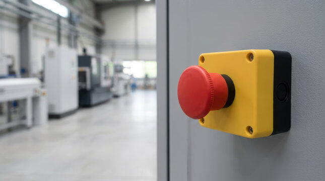 Labor Shortage Impact concepts. Large red emergency stop button on yellow industrial control panel in factory
