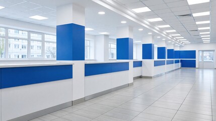 Obraz premium Modern Clean Office Reception Area with Blue Accents and Natural Light