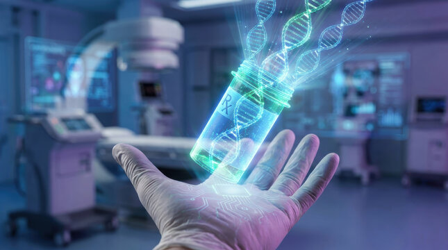 Personalized medicine ai dna helix in gloved hand in hospital laboratory