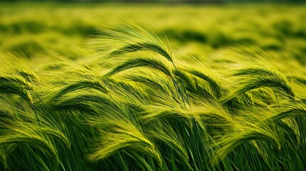 Obraz premium Close up view of vibrant green barley stalks swaying gently in a sunny field, highlighting the delicate texture and natural beauty of the crop.