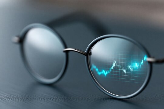 Close-up of round eyeglasses reflecting a glowing blue financial stock market graph on a dark surface, symbolizing analysis and investment insights