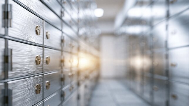 Secure metal safety deposit boxes lining a well-lit bank vault hallway, symbolizing wealth and protection