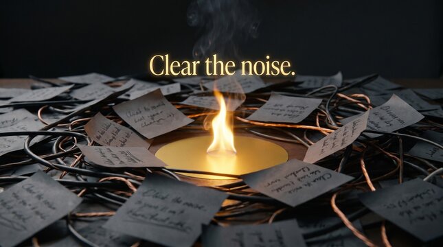 A glowing golden flame burning away dark cluttered sticky notes on a desk, featuring a quote about mental bandwidth and clearing the noise.