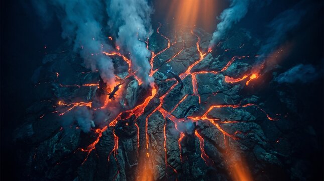 Deep ocean floor illuminated by glowing underwater magma fissures with divers exploring volcanic hydrothermal vents