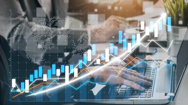 Business professionals analyze financial data and trends using charts on their laptops in a modern office, highlighting collaboration and strategic growth in the work environment. Copula