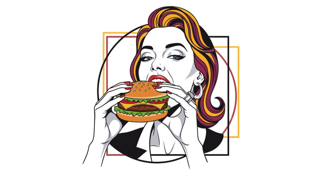 Retro Woman Eating a Cheeseburger | Pop Art Style