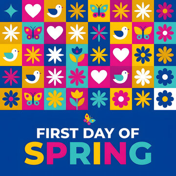 First day of spring greeting card design. Colorful floral pattern with birds and butterflies.