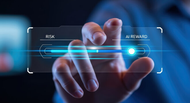 Generative ai investments risk reward concept with hand touching virtual slider on dark blue futuristic interface