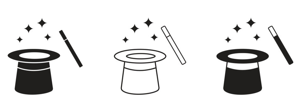 Magic Hat with Magic Wand and Sparkles Icon Set in Outline and Solid Black Styles Isolated on Transparent Background