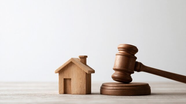 Wooden house model and gavel symbolize legal property transactions, auction, or real estate law decisions