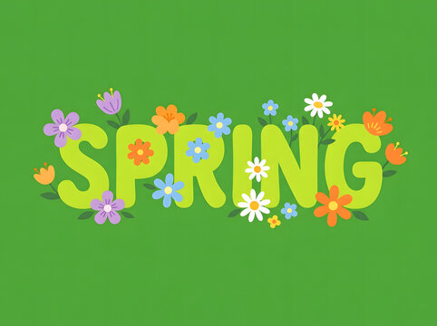 Spring text with colorful flowers. Seasonal floral typography on a green background.