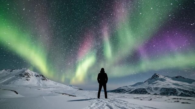 Lone Person Gazing at Vibrant Aurora Borealis Sky Above Snowy Mountain Landscape, Capturing Arctic Wonder and Natural Phenomenon.