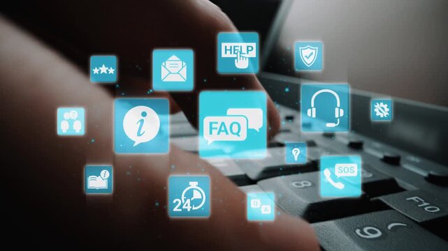 FAQ and online help icons show question, answer, and support system. FAQ improves online help experience, customer service quality, and FAQ knowledge access. Funnel