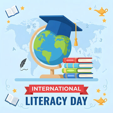 International Literacy Day concept. Globe with graduation cap and stack of books.