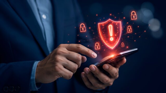 Businessman Holding Smartphone with Glowing Red Shield Exclamation Alert and Cyber Security Lock Icons