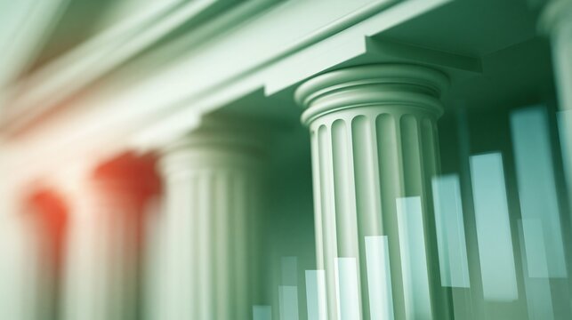 Classic Architectural Pillars with Overlayed Financial Growth Bars and Sunlight