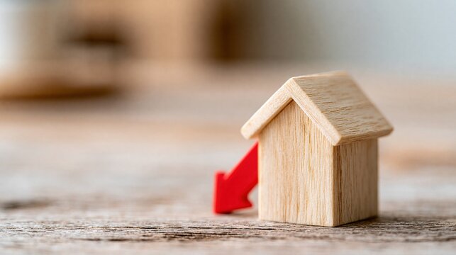 Wooden house icon with red arrow pointing down, symbolizing falling real estate market and economic downturn