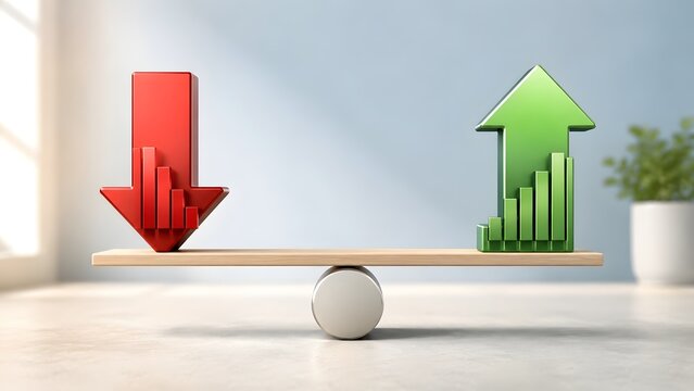 Wooden scale balancing a red downward arrow chart against a green upward arrow chart in a bright modern office setting