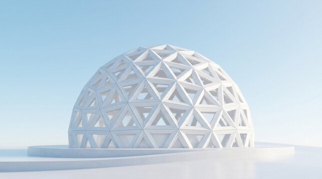 Futuristic white geodesic dome structure, modern architectural pavilion with geometric lattice, minimalist 3d render of a spherical dome against blue sky
