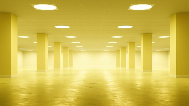 Vast, brightly lit, yellow-toned empty architectural space with columns and ceiling lights