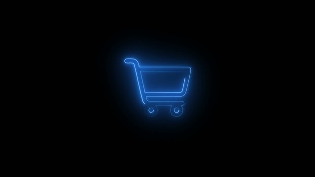 Neon blue glowing shopping cart with Generate title without using the word "Title:" before it. transparent background and sleek wireframe