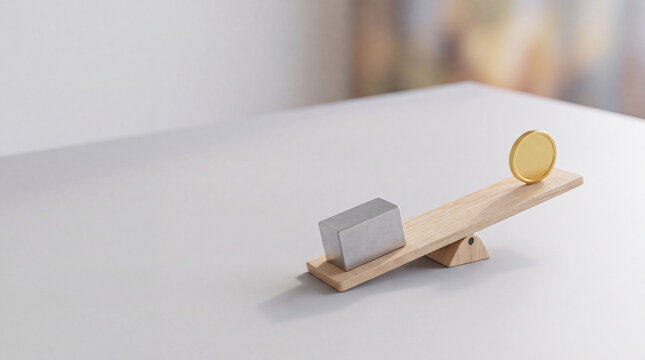 Wooden seesaw balancing metal block and gold coin concept of inflation, cost, and value