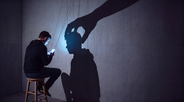 Shadow of man using smartphone controlled by giant hand concept of digital manipulation and tech addiction