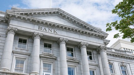 Obraz premium Grand Marble Bank Building Facade with Classical Columns and Clear Sky