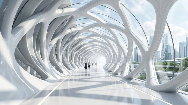 Futuristic organic architecture tunnel, modern white bionic structure walkway, sci-fi urban bridge with glass panels and city skyline view