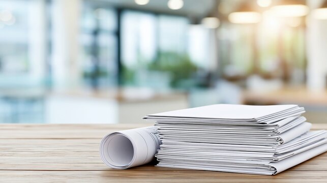 Stack of White Paper Documents and Rolled Blueprint on Wooden Table in Bright Office Space