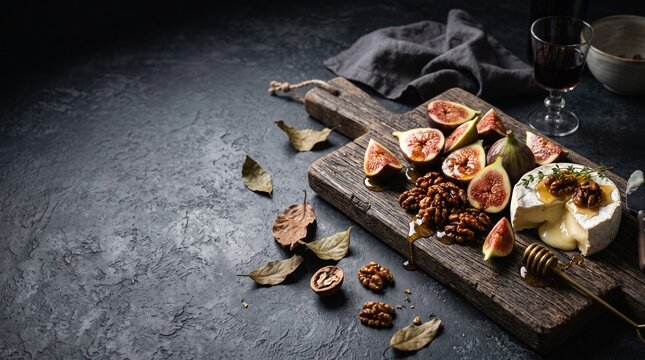 Fresh sliced figs, creamy brie cheese with honey drizzle and walnuts on a rustic wooden board over a dark textured table with wine, gourmet, snacks