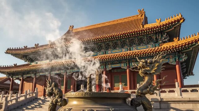 Ancient Chinese Imperial Palace Architecture with Incense Smoke and Dragon Statues, Historic Travel Destination Landmark