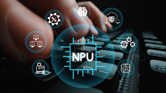 Close-up View of Hands Typing on Keyboard with NPU Icon and Technology Symbols Representing AI, Machine Learning, and Computing Concepts. Entropy.