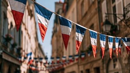 Obraz premium French national flags hanging as bunting on a sunny European street lined with historic buildings